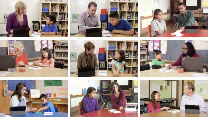 Grid of nine video stills of instructors interviewing students